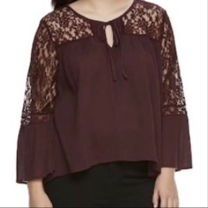 Mudd Junior's Plus Maroon Lace Sleeve Peasant Top